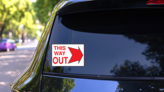 This Way Out Right Sign Sticker on a Rear Car Window (New) example