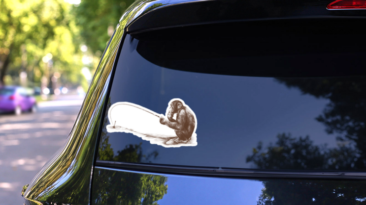 Thoughtful Fishing Monkey Sticker on a Rear Car Window (New) example