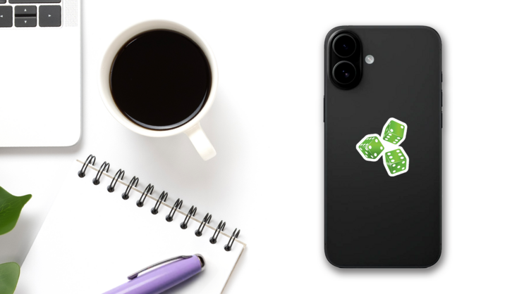 Three Green Rolling Dice Sticker on a Phone (New) example