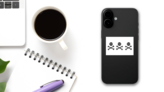 Three Skeletons Pirate Flag Sticker on a Phone (New) example