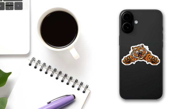 Tiger Jumping Sticker on a Phone (New) example