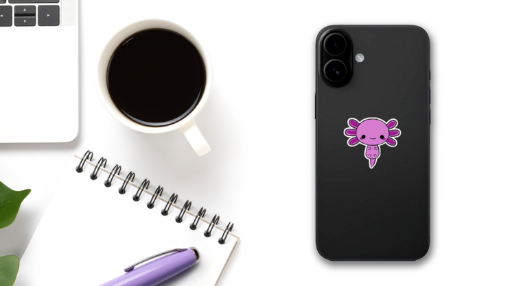 Tiny Purple Axolotl Sticker on a Phone (New) example