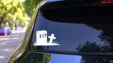 Tombstone With Cross And Grass Sticker on a Rear Car Window (New) example
