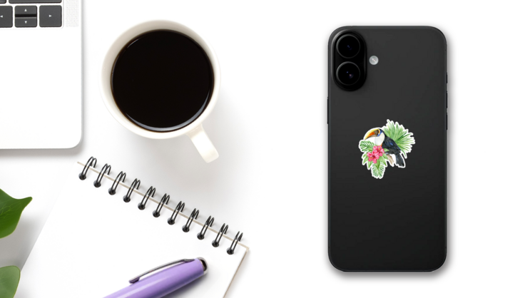 Toucan Bird And Hibiscus Flowers Sticker on a Phone (New) example