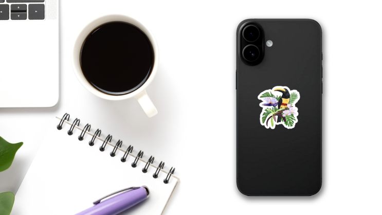 Toucan Bird Exotic Leaves And Flowers, and Monstera Sticker on a Phone (New) example