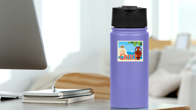 Tourist Postcard Greece Sticker on a Water Bottle (New) example