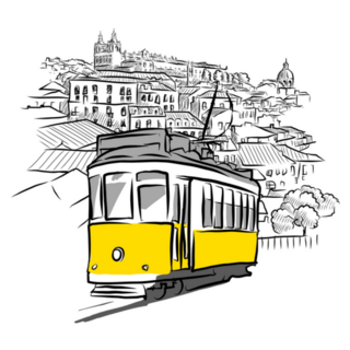 Tram And Ancient Panorama Sketches From Lisbon, Portugal Sticker