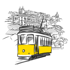 Tram And Ancient Panorama Sketches From Lisbon, Portugal Sticker