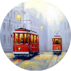 Tram Train In Old City, Oil Paintings Landscape Sticker
