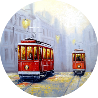 Tram Train In Old City, Oil Paintings Landscape Sticker