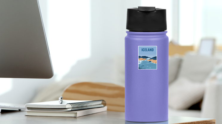 Travel Poster Iceland Sticker on a Water Bottle (New) example