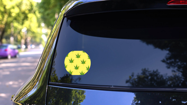 Trendy Sunlight CBD Pattern Circle Sticker on a Rear Car Window (New) example