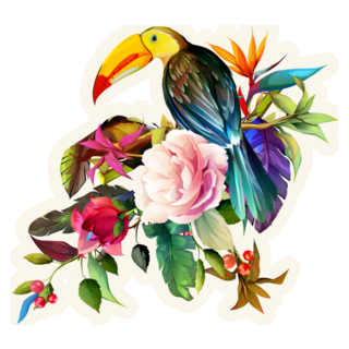 Tropical Bud Flowers Bouquet With Toucan Bird Sticker