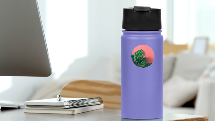 Tropical Palm Leaves On Pink Background Sticker on a Water Bottle (New) example