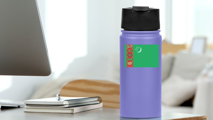 Turkmenistan Flag Sticker on a Water Bottle (New) example