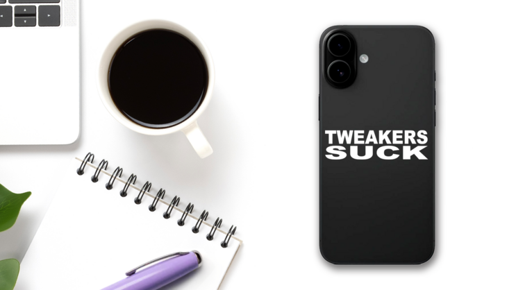 Tweakers Suck Vinyl Lettering Sticker on a Phone (New) example