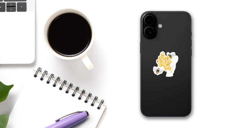 Two Bees And Honeycombs; Watercolor Sticker on a Phone (New) example