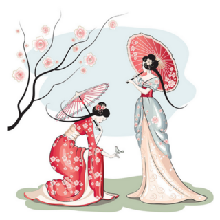 Two Chinese Women With Parasols Under Flowers Sticker