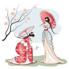 Two Chinese Women With Parasols Under Flowers Sticker