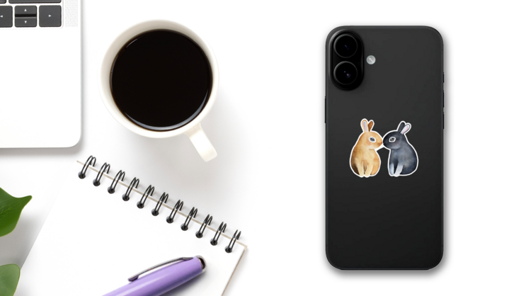 Two Cute Bunnies Kissing With Noses Sticker on a Phone (New) example