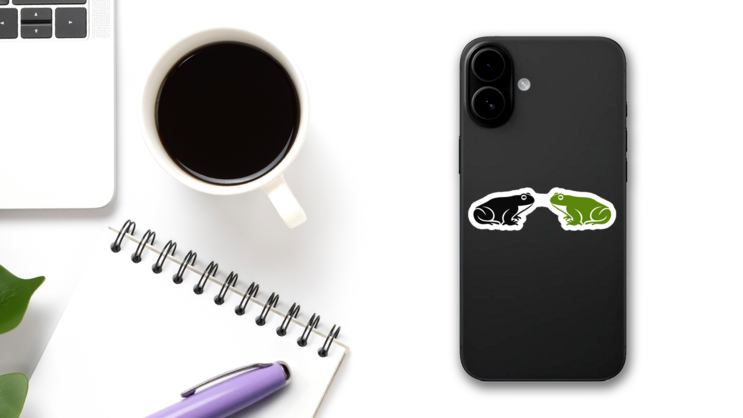Two Frogs Logo Sticker on a Phone (New) example