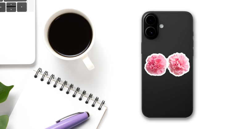 Two Pink Carnation Flowers Up Close Sticker on a Phone (New) example