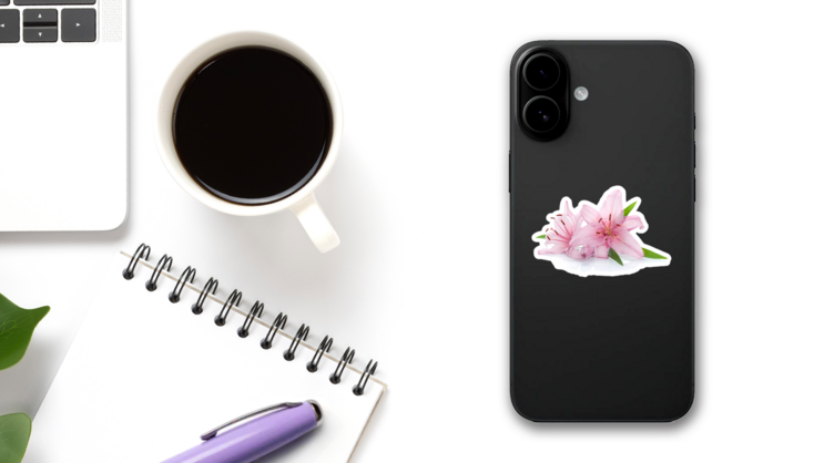 Two Pink Lily Flowers Sticker on a Phone (New) example