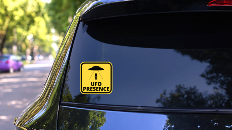 UFO Presence Square Sign Sticker on a Rear Car Window (New) example