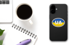 Ukraine Ua Flag Oval Sticker on a Phone (New) example