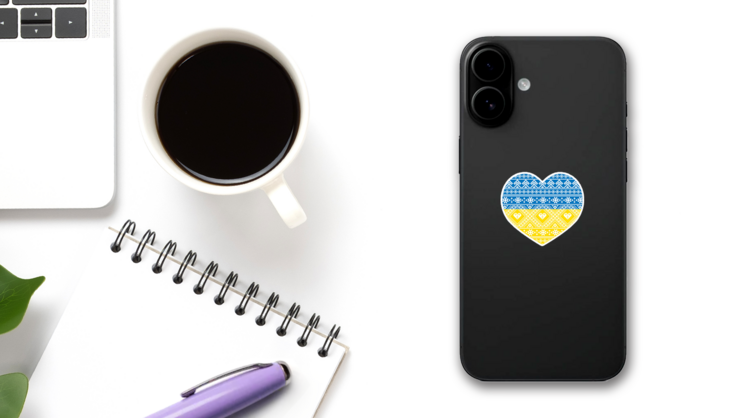 Ukrainian Flag - Heart Shape With Vyshyvanka Folk Art Sticker on a Phone (New) example