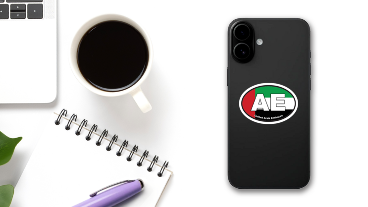 United Arab Emirates Ae Flag Oval Sticker on a Phone (New) example