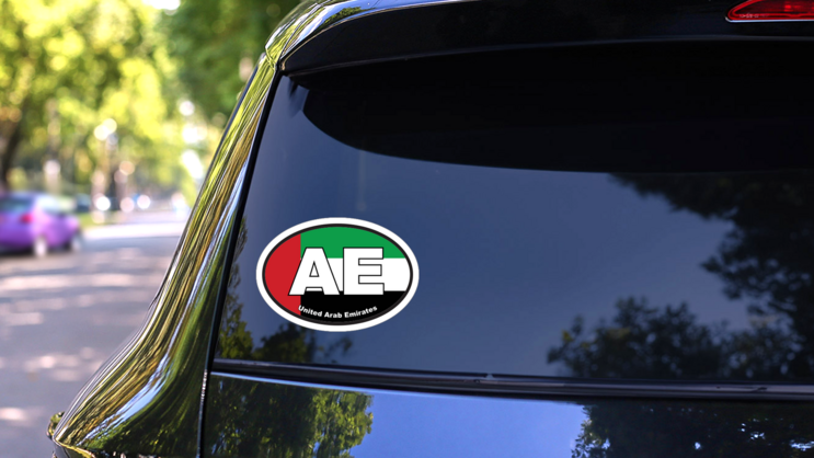 United Arab Emirates Ae Flag Oval Sticker on a Rear Car Window (New) example