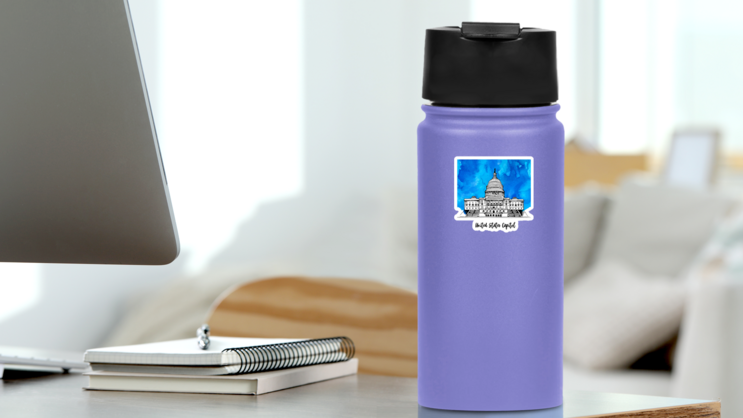 United States Capitol Building Illustration On Watercolor Sticker on a Water Bottle (New) example