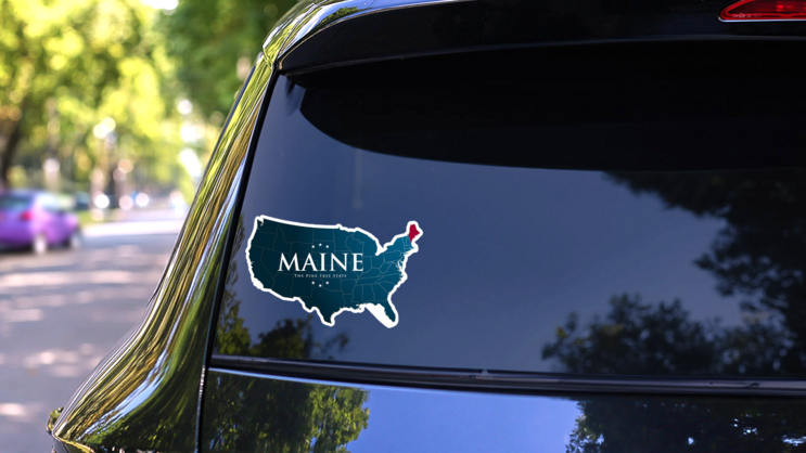 US Map Highlighting Maine Sticker on a Rear Car Window (New) example