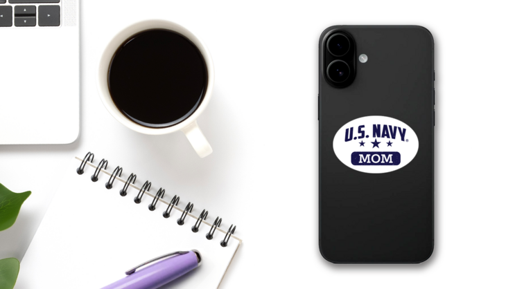 US Navy Mom Oval Sticker on a Phone (New) example