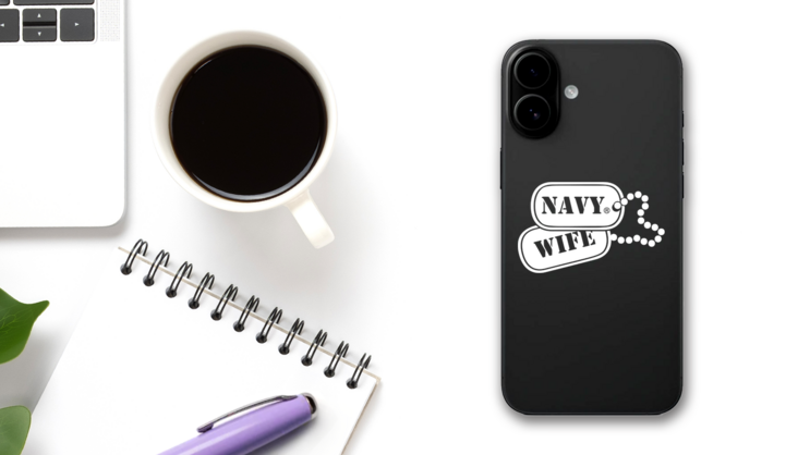 US Navy Wife Dog Tags Sticker on a Phone (New) example