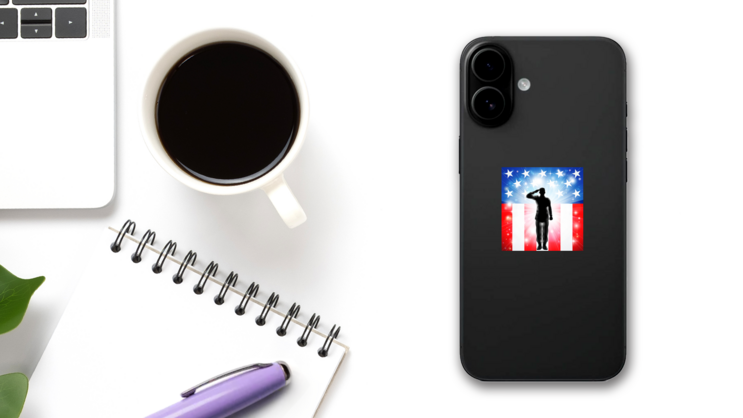 US Soldier Saluting In Front Of An American Flag Sticker on a Phone (New) example