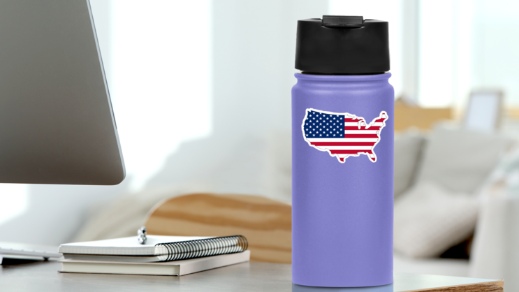 USA Flag In America Sticker on a Water Bottle (New) example
