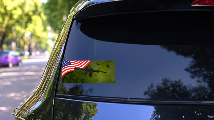 USA Flag Radar Gun Sticker on a Rear Car Window (New) example