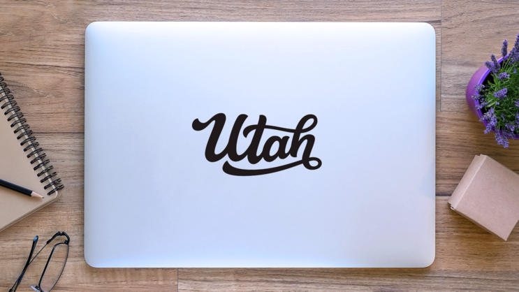 Utah Calligraphy Sticker on a Laptop (New) example