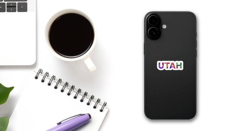 Utah Colorful Typography Text Banner Sticker on a Phone (New) example