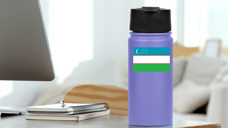 Uzbekistan Flag Sticker on a Water Bottle (New) example