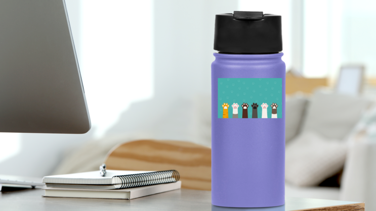 Variety Of Cat Paws Sticker on a Water Bottle (New) example