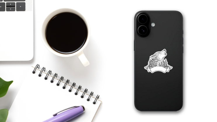 Vector Illustration Of A Howling Wolf With Ribbon Sticker on a Phone (New) example
