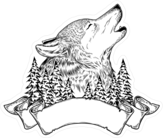 Vector Illustration Of A Howling Wolf With Ribbon Sticker