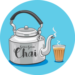 Vector Illustration Of Tea Kettle Chai On Blue Sticker