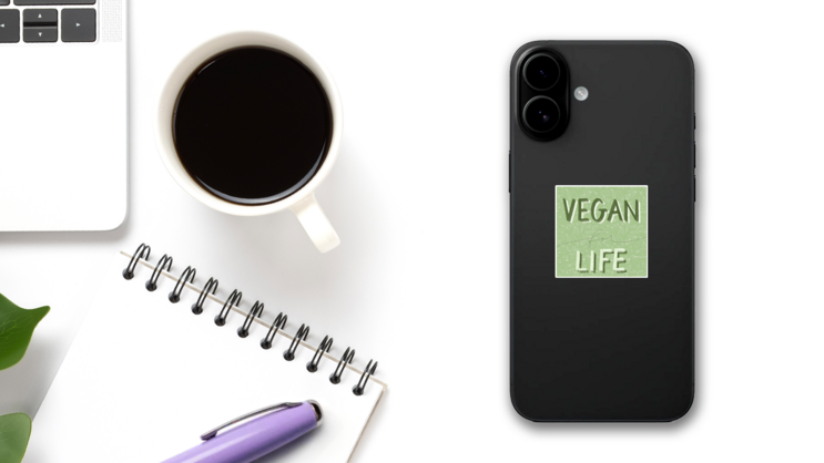 Vegan For Life Sticker on a Phone (New) example