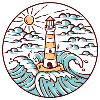 Views Of Lighthouse And Waves Circle Illustration Sticker