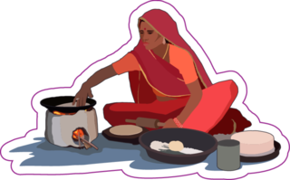 Village Woman Cooking Food On Wood Fire Stove Sticker