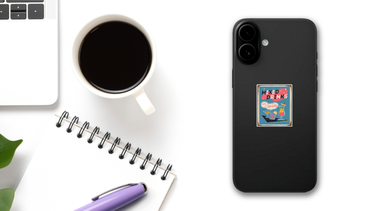 Vintage 1950s Mixed Drinks Our Specialty Sticker on a Phone (New) example